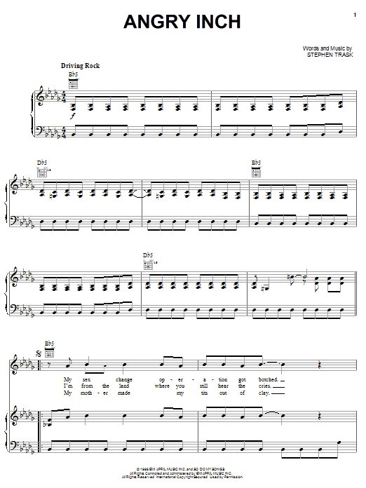 Stephen Trask Angry Inch Sheet Music Notes & Chords for Piano, Vocal & Guitar (Right-Hand Melody) - Download or Print PDF