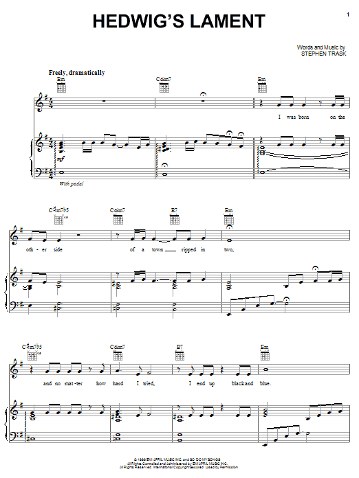 Stephen Trask Hedwig's Lament Sheet Music Notes & Chords for Piano, Vocal & Guitar (Right-Hand Melody) - Download or Print PDF