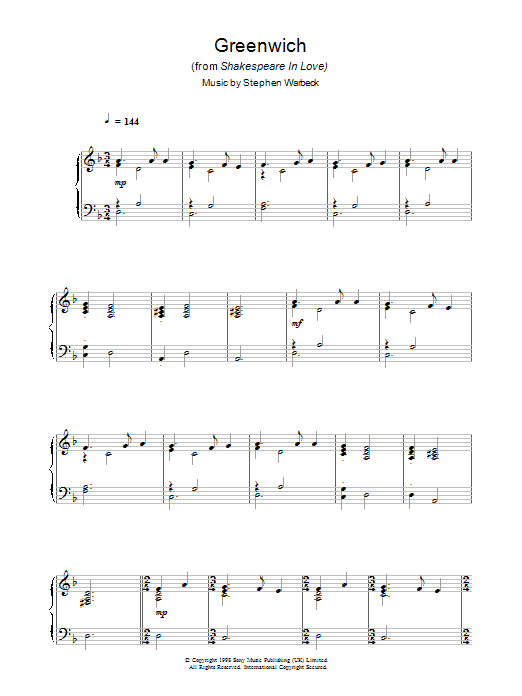 Stephen Warbeck Greenwich (from Shakespeare In Love) Sheet Music Notes & Chords for Piano - Download or Print PDF