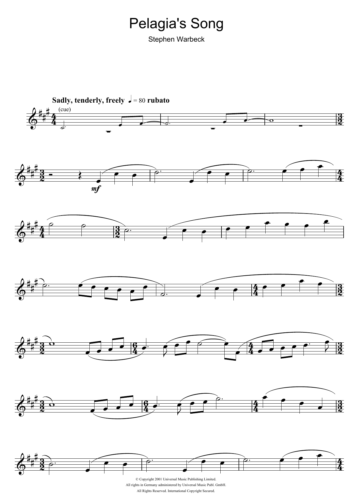 Stephen Warbeck Pelagia's Song (from Captain Corelli's Mandolin) Sheet Music Notes & Chords for Flute - Download or Print PDF