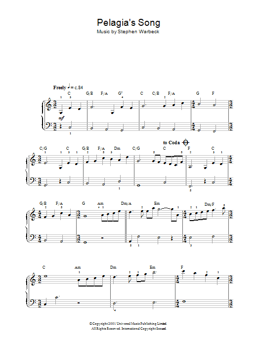 Stephen Warbeck Pelagia's Song (Ricordo Ancor) (from Captain Corelli's Mandolin) Sheet Music Notes & Chords for Beginner Piano - Download or Print PDF Stephen Warbeck Pelagia's Song (Ricordo Ancor) (from Captain Corelli's Mandolin) Sheet Music Notes & Chords for Beginner Piano - Download or Print PDF
