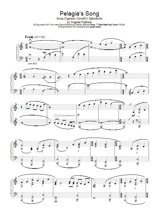 Stephen Warbeck Pelagia's Song Sheet Music Notes & Chords for Piano, Vocal & Guitar - Download or Print PDF