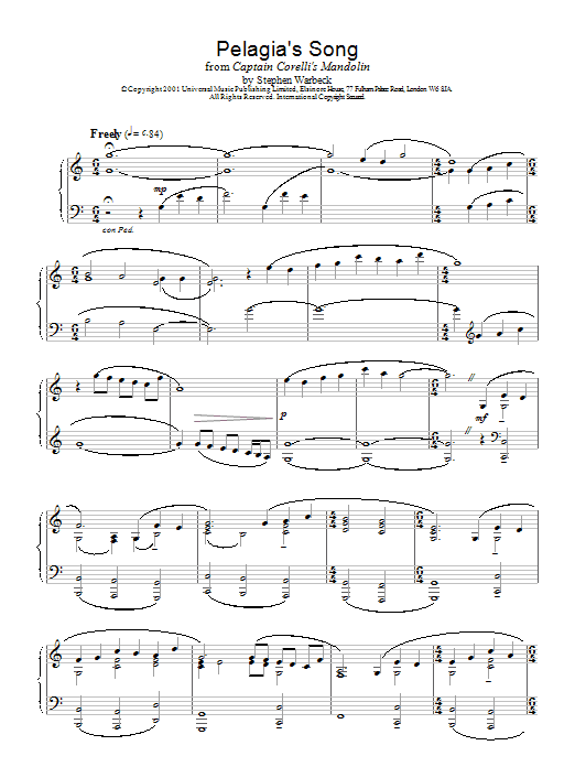 Stephen Warbeck Pelagia's Song sheet music notes and chords. Download Printable PDF.