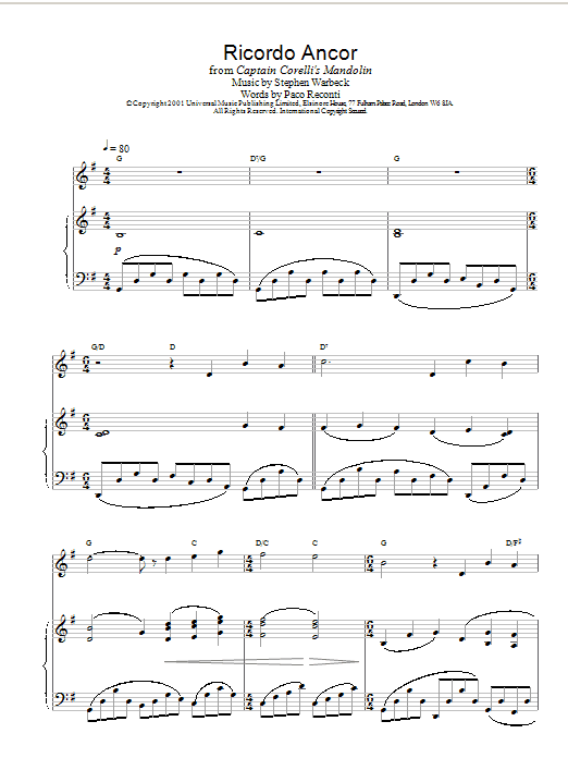 Stephen Warbeck Ricordo Ancor Sheet Music Notes & Chords for Piano - Download or Print PDF