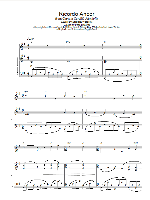 Stephen Warbeck Ricordo Ancor sheet music notes and chords. Download Printable PDF.