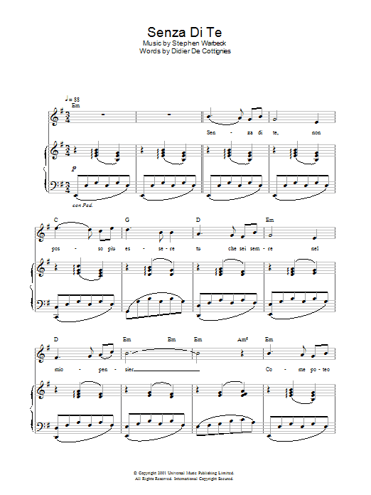 Stephen Warbeck Senza Di Te Sheet Music Notes & Chords for Piano - Download or Print PDF