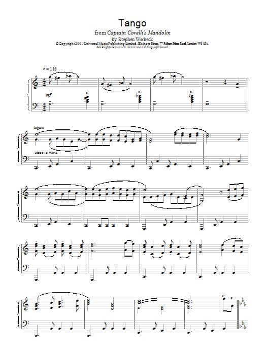 Stephen Warbeck The Tango Sheet Music Notes & Chords for Piano - Download or Print PDF