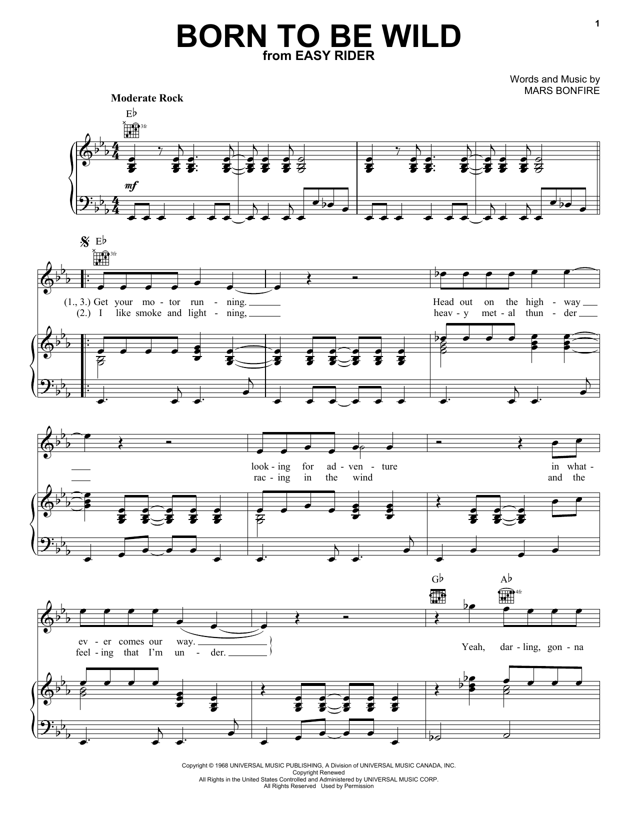 Steppenwolf Born To Be Wild Sheet Music Notes & Chords for Piano, Vocal & Guitar - Download or Print PDF