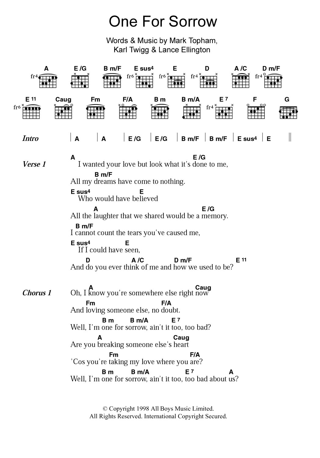 Steps One For Sorrow Sheet Music Notes & Chords for Lyrics & Chords - Download or Print PDF