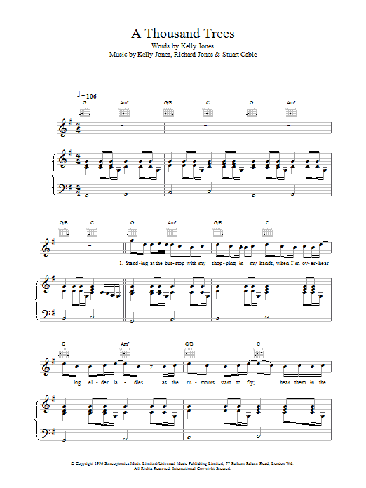 Stereophonics A Thousand Trees Sheet Music Notes & Chords for Piano, Vocal & Guitar - Download or Print PDF