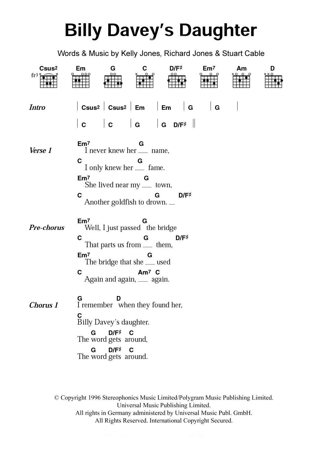 Stereophonics Billy Davey's Daughter Sheet Music Notes & Chords for Lyrics & Chords - Download or Print PDF