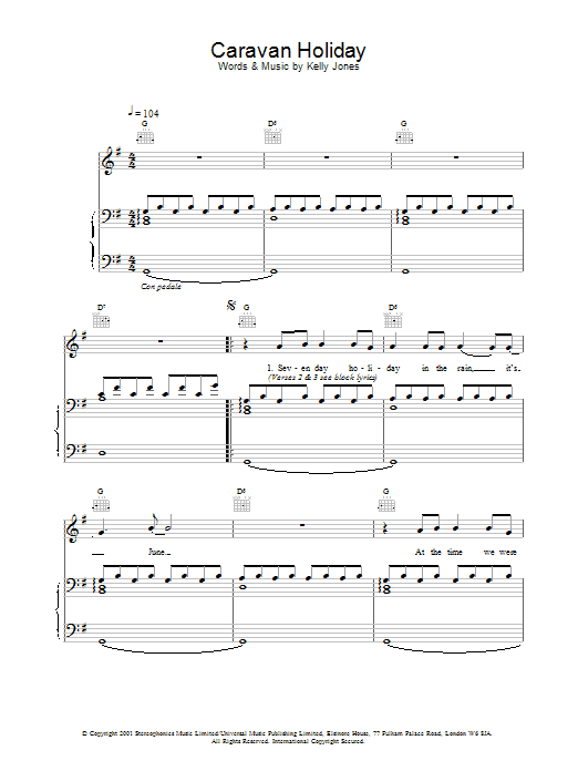 Stereophonics Caravan Holiday Sheet Music Notes & Chords for Piano, Vocal & Guitar - Download or Print PDF