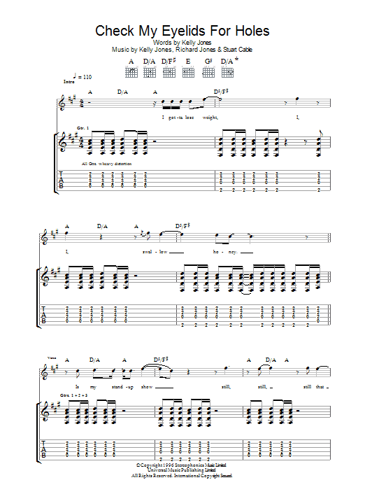 Stereophonics Check My Eyelids For Holes Sheet Music Notes & Chords for Guitar Tab - Download or Print PDF