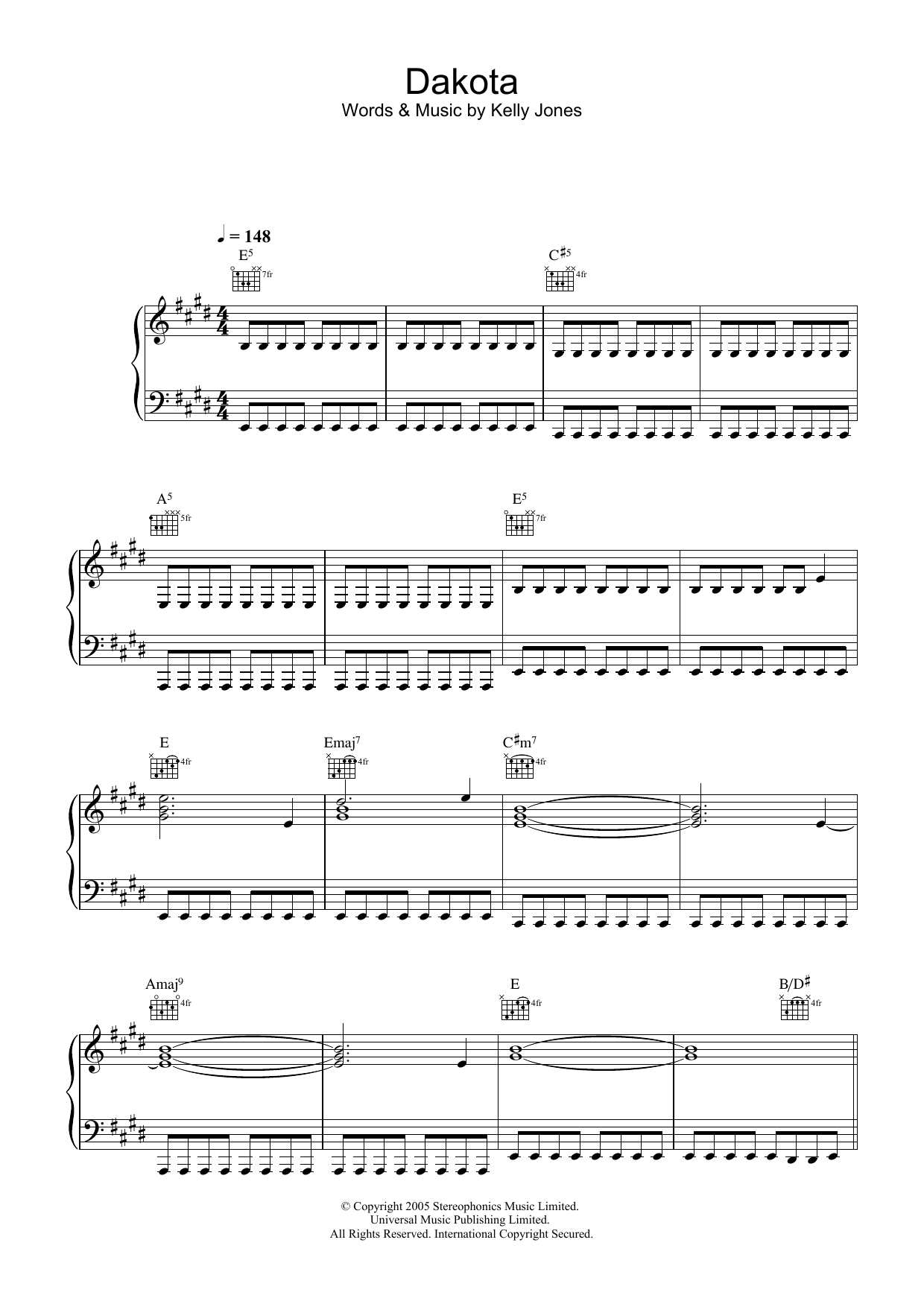 Stereophonics Dakota Sheet Music Notes & Chords for Piano, Vocal & Guitar (Right-Hand Melody) - Download or Print PDF