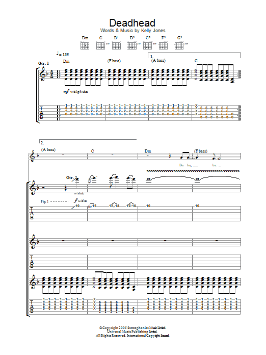 Stereophonics Deadhead Sheet Music Notes & Chords for Guitar Tab - Download or Print PDF