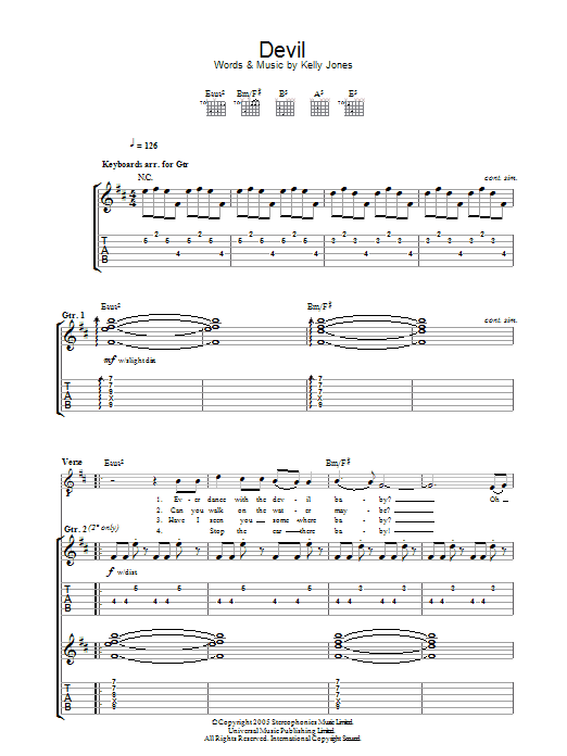 Stereophonics Devil Sheet Music Notes & Chords for Piano, Vocal & Guitar (Right-Hand Melody) - Download or Print PDF
