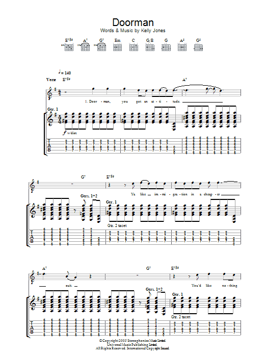 Stereophonics Doorman Sheet Music Notes & Chords for Guitar Tab - Download or Print PDF