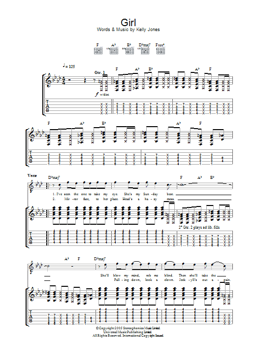 Stereophonics Girl Sheet Music Notes & Chords for Guitar Tab - Download or Print PDF