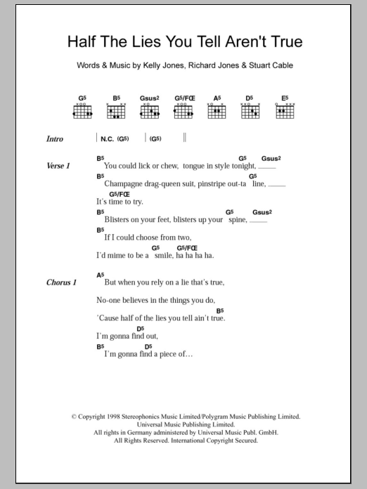 Stereophonics Half The Lies You Tell Ain't True Sheet Music Notes & Chords for Guitar Chords/Lyrics - Download or Print PDF