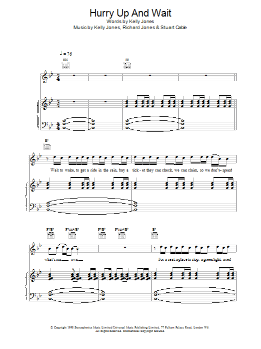 Stereophonics Hurry Up And Wait Sheet Music Notes & Chords for Piano, Vocal & Guitar - Download or Print PDF