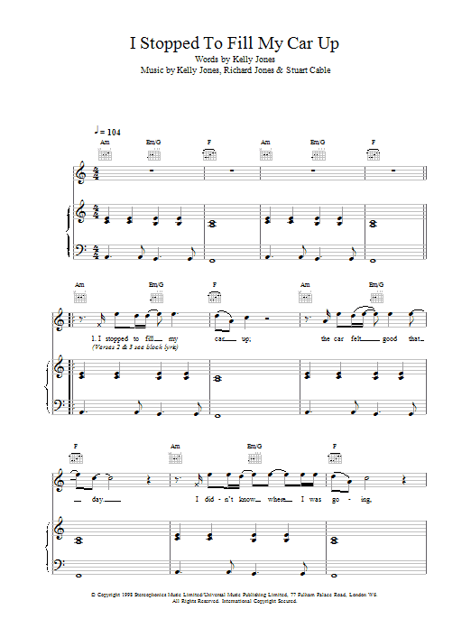 Stereophonics I Stopped To Fill My Car Up Sheet Music Notes & Chords for Lyrics & Chords - Download or Print PDF