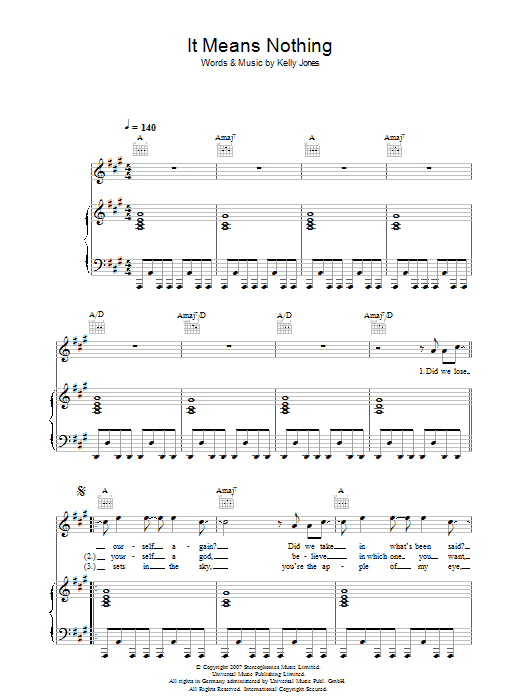 Stereophonics It Means Nothing Sheet Music Notes & Chords for Piano, Vocal & Guitar - Download or Print PDF