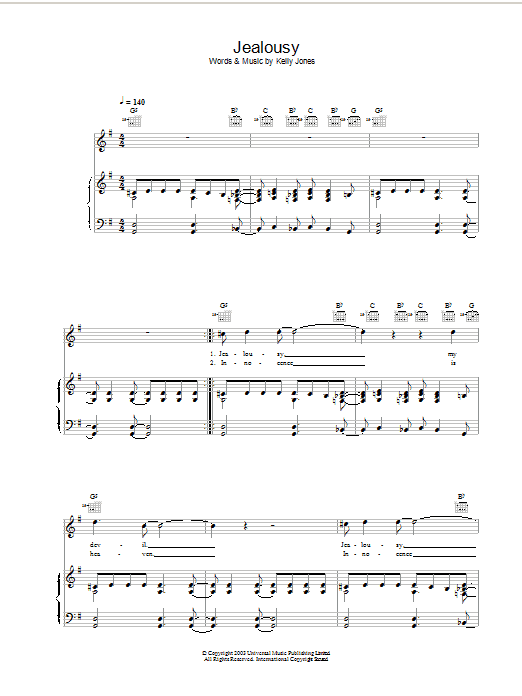 Stereophonics Jealousy Sheet Music Notes & Chords for Piano, Vocal & Guitar - Download or Print PDF