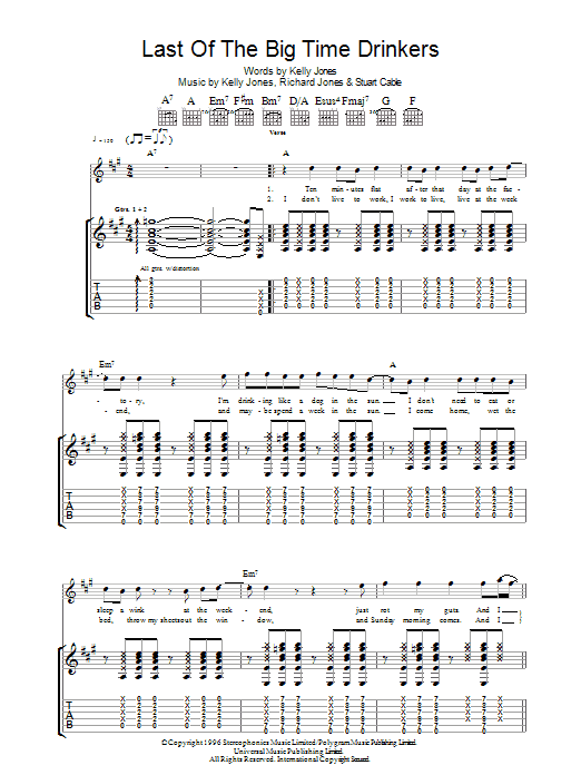 Stereophonics Last Of The Big Time Drinkers Sheet Music Notes & Chords for Lyrics & Chords - Download or Print PDF