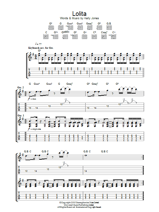Stereophonics Lolita Sheet Music Notes & Chords for Guitar Tab - Download or Print PDF