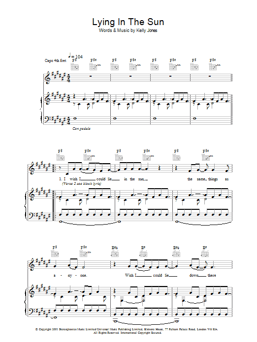 Stereophonics Lying In The Sun Sheet Music Notes & Chords for Piano, Vocal & Guitar - Download or Print PDF