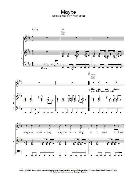 Stereophonics Maybe Sheet Music Notes & Chords for Piano, Vocal & Guitar - Download or Print PDF