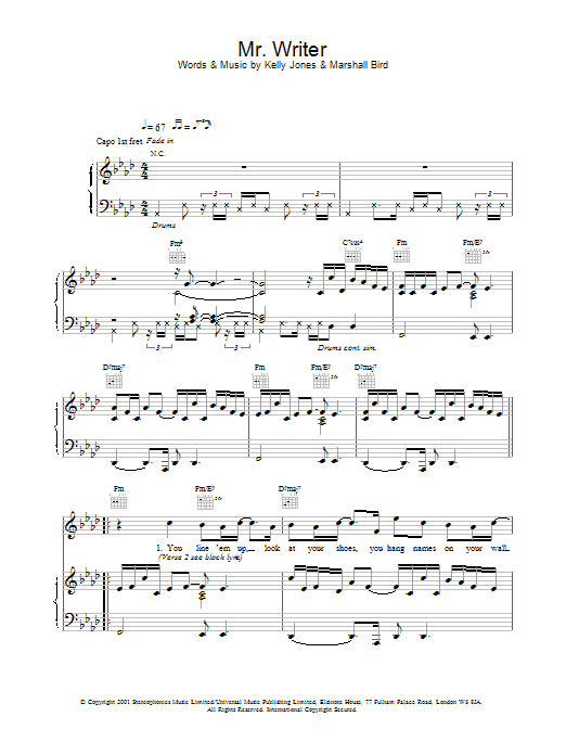 Stereophonics Mr. Writer Sheet Music Notes & Chords for Piano, Vocal & Guitar - Download or Print PDF