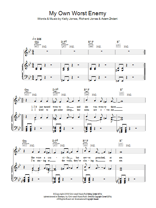 Stereophonics My Own Worst Enemy Sheet Music Notes & Chords for Piano, Vocal & Guitar (Right-Hand Melody) - Download or Print PDF