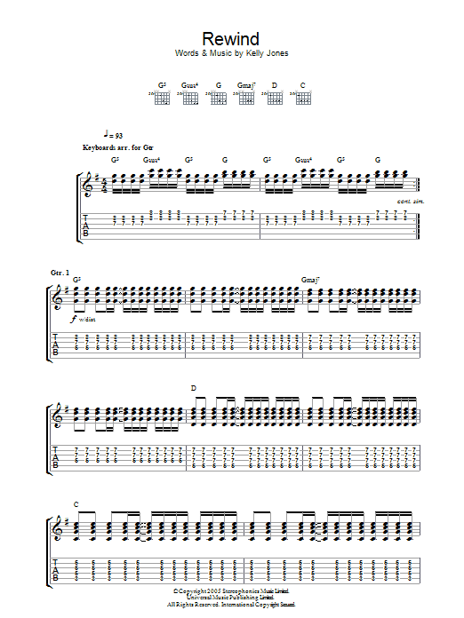 Stereophonics Rewind Sheet Music Notes & Chords for Guitar Tab - Download or Print PDF