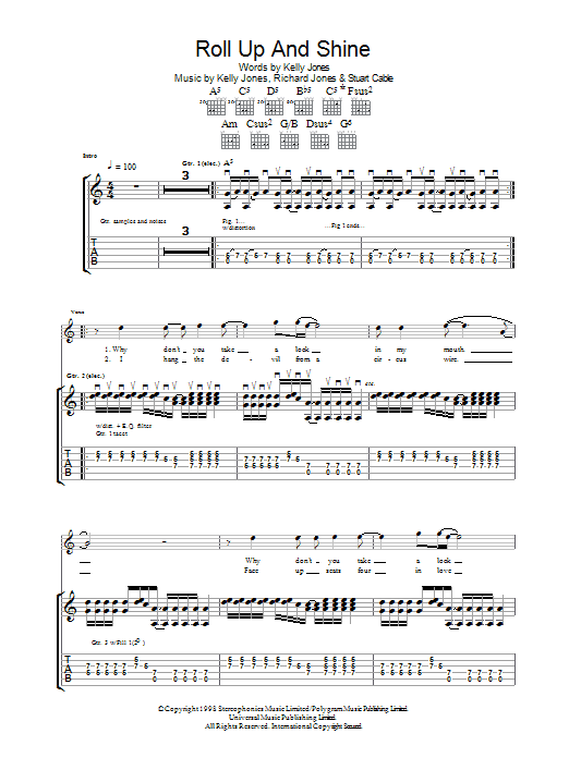 Stereophonics Roll Up And Shine Sheet Music Notes & Chords for Guitar Tab - Download or Print PDF