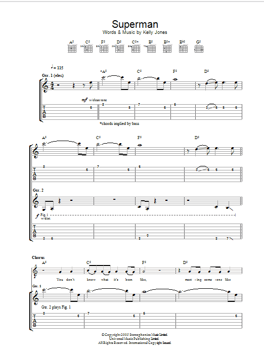 Stereophonics Superman Sheet Music Notes & Chords for Guitar Tab - Download or Print PDF