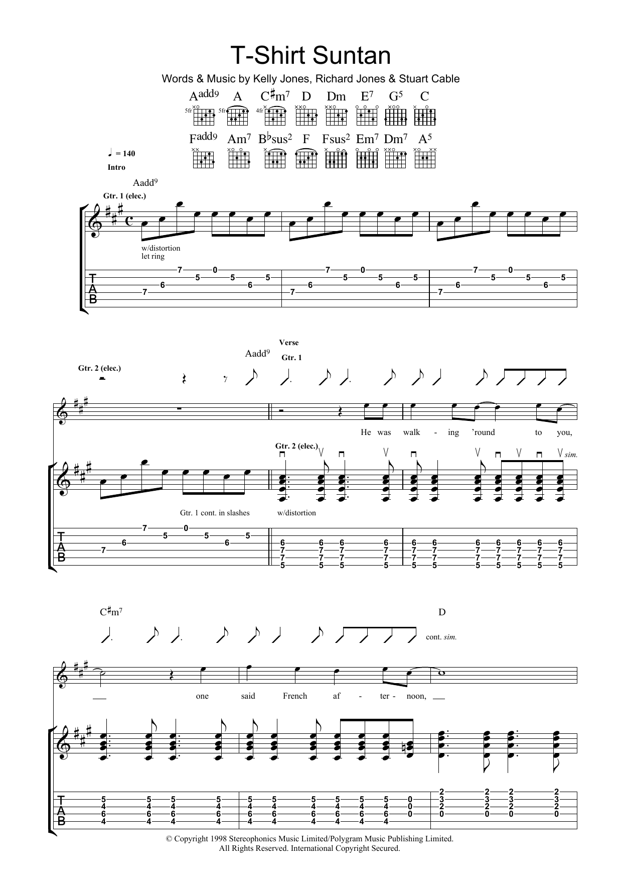 Stereophonics T-Shirt Suntan Sheet Music Notes & Chords for Guitar Tab - Download or Print PDF