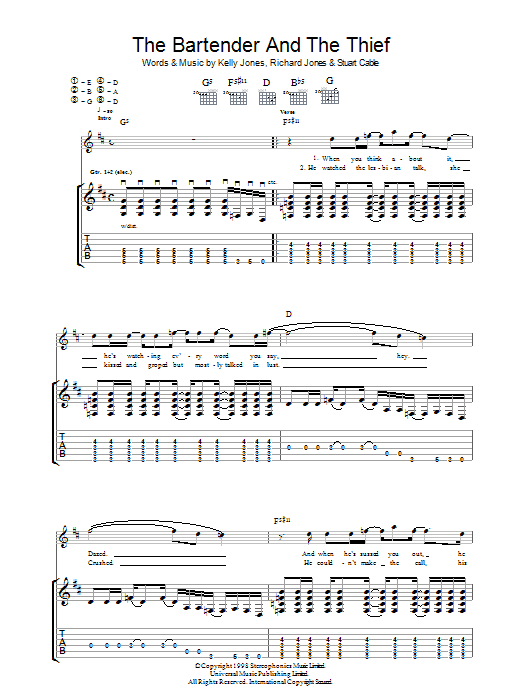 Stereophonics The Bartender And The Thief Sheet Music Notes & Chords for Guitar Tab - Download or Print PDF