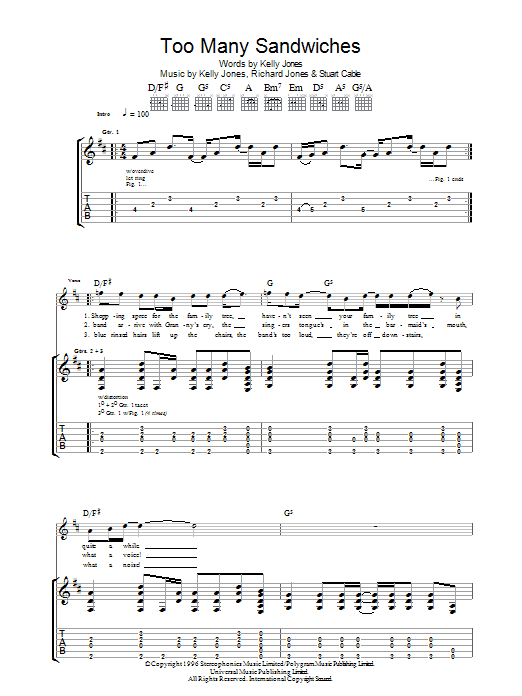 Stereophonics Too Many Sandwiches Sheet Music Notes & Chords for Guitar Tab - Download or Print PDF