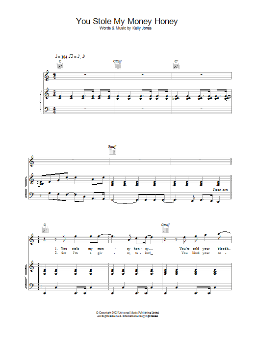 Stereophonics You Stole My Money Honey Sheet Music Notes & Chords for Piano, Vocal & Guitar - Download or Print PDF