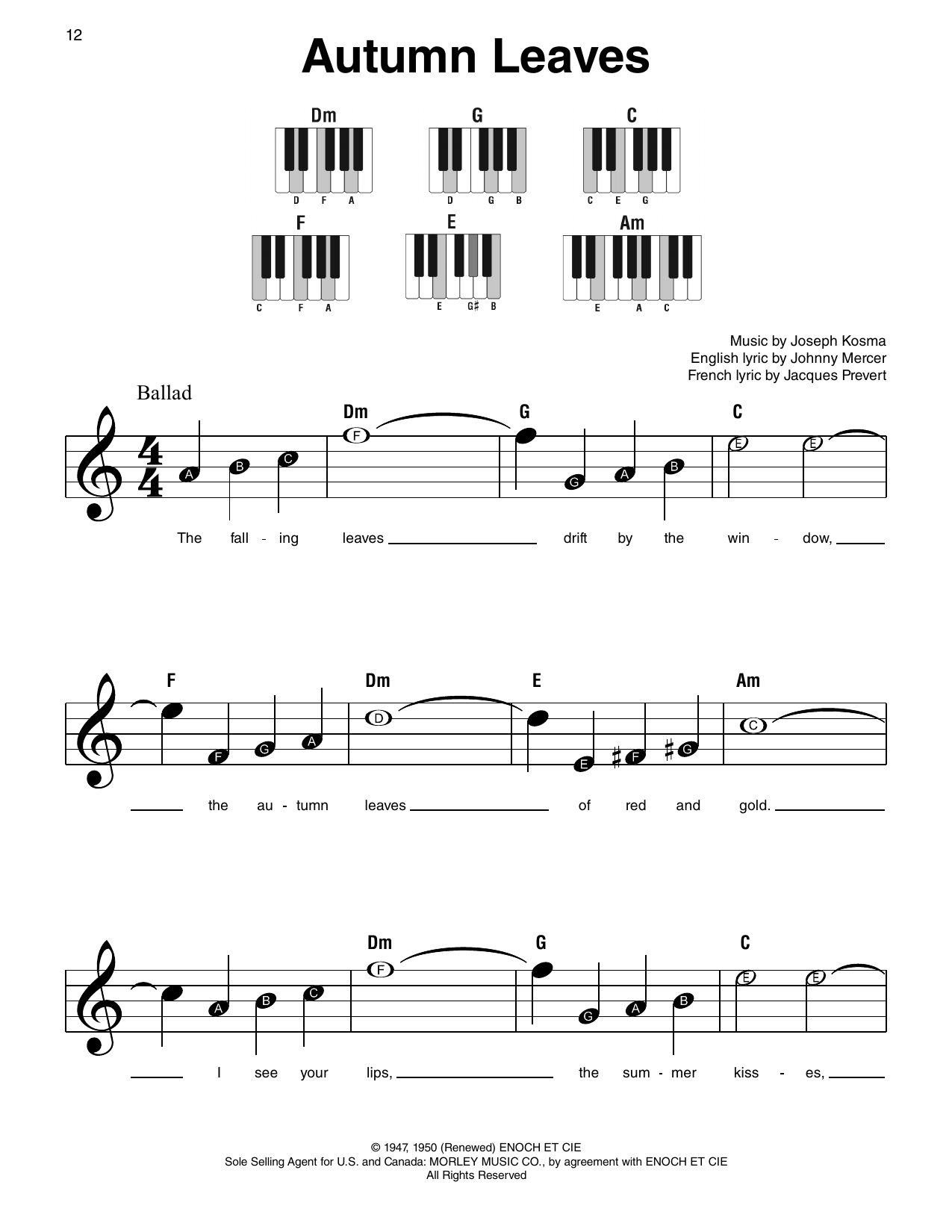Steve Allen & George Cates Autumn Leaves Sheet Music Notes & Chords for Super Easy Piano - Download or Print PDF