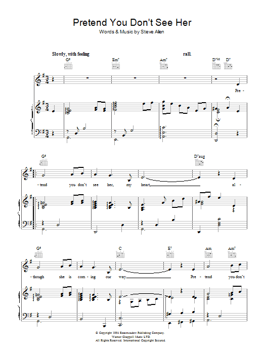 Steve Allen Pretend You Don't See Her Sheet Music Notes & Chords for Piano, Vocal & Guitar (Right-Hand Melody) - Download or Print PDF