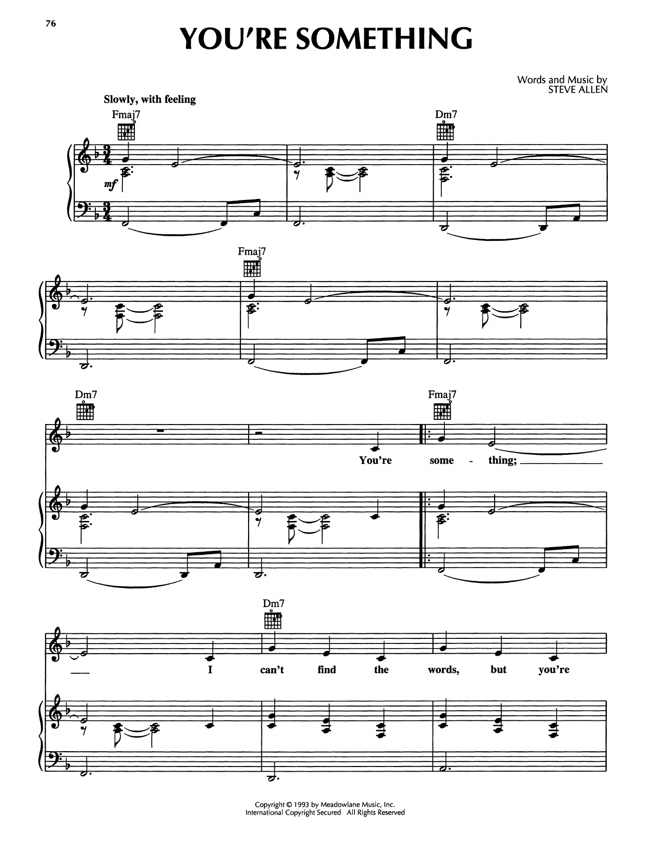 Steve Allen You're Something Sheet Music Notes & Chords for Piano, Vocal & Guitar Chords (Right-Hand Melody) - Download or Print PDF