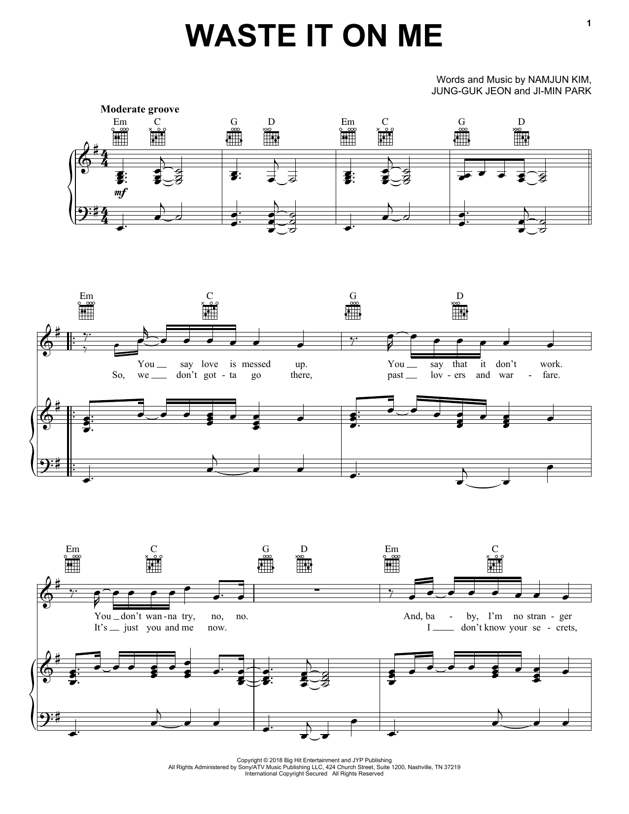 Steve Aoki Waste It On Me (feat. BTS) Sheet Music Notes & Chords for Piano, Vocal & Guitar (Right-Hand Melody) - Download or Print PDF