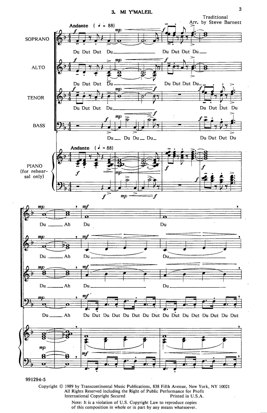Steve Barnett Mi Y'maleil Rehearsal Piano Sheet Music Notes & Chords for SATB - Download or Print PDF