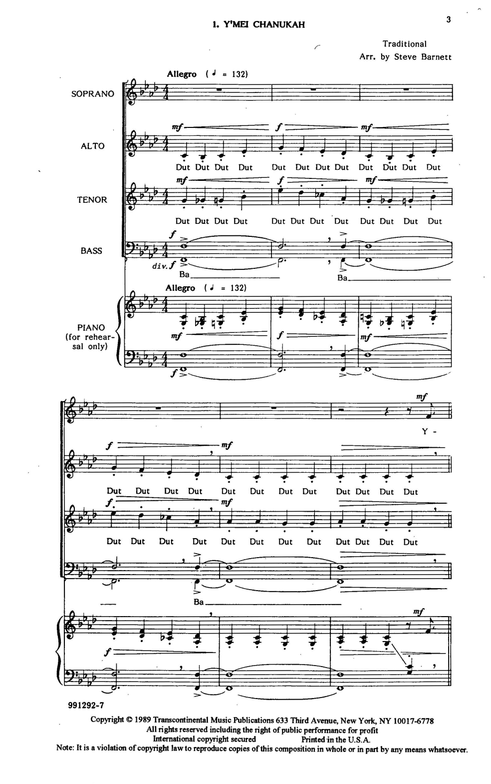 Steve Barnett Y'mei Chanukah Rehearsal Piano Sheet Music Notes & Chords for SATB Choir - Download or Print PDF