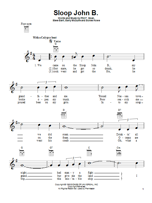 Steve Barri Sloop John B. Sheet Music Notes & Chords for Ukulele - Download or Print PDF