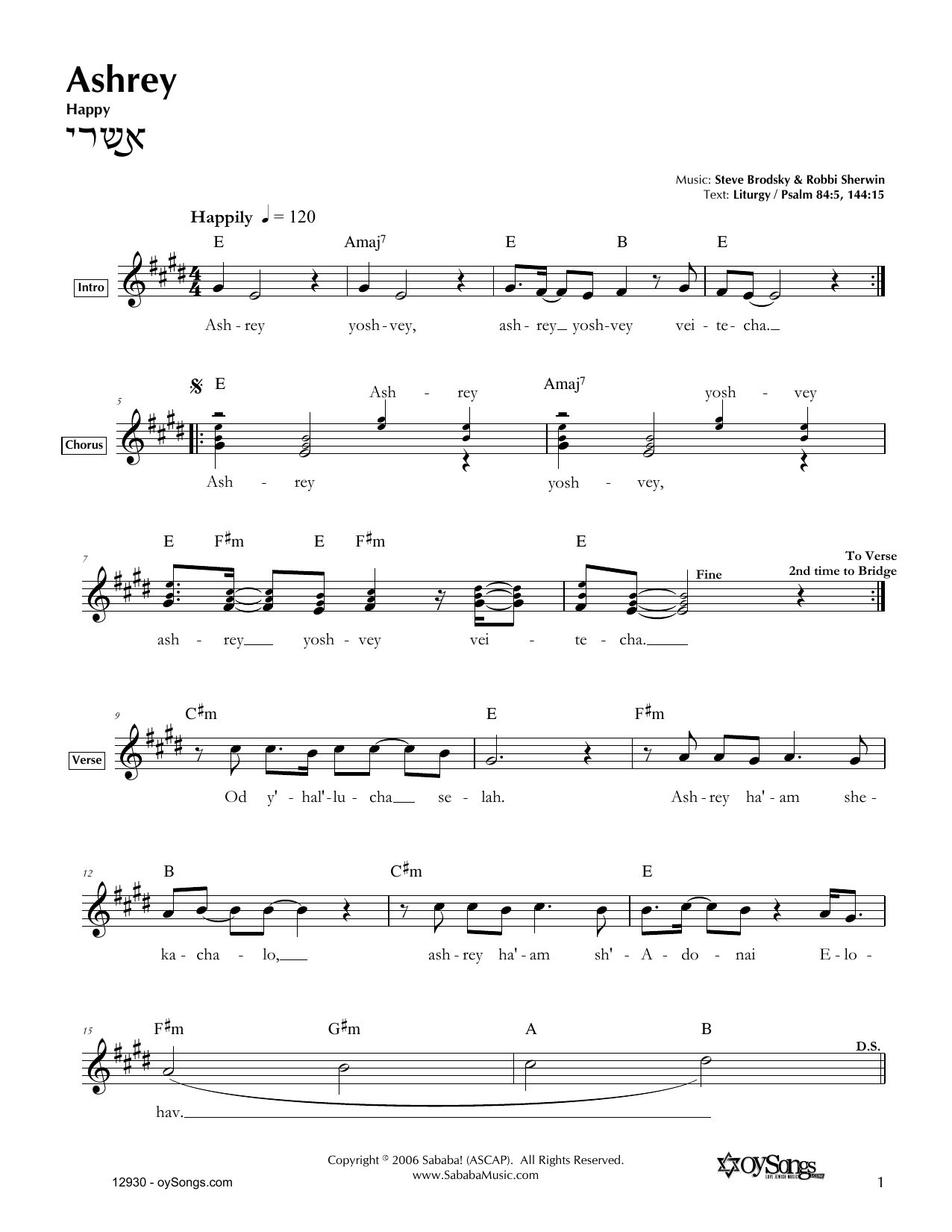 Steve Brodsky Ashrey Sheet Music Notes & Chords for Melody Line, Lyrics & Chords - Download or Print PDF