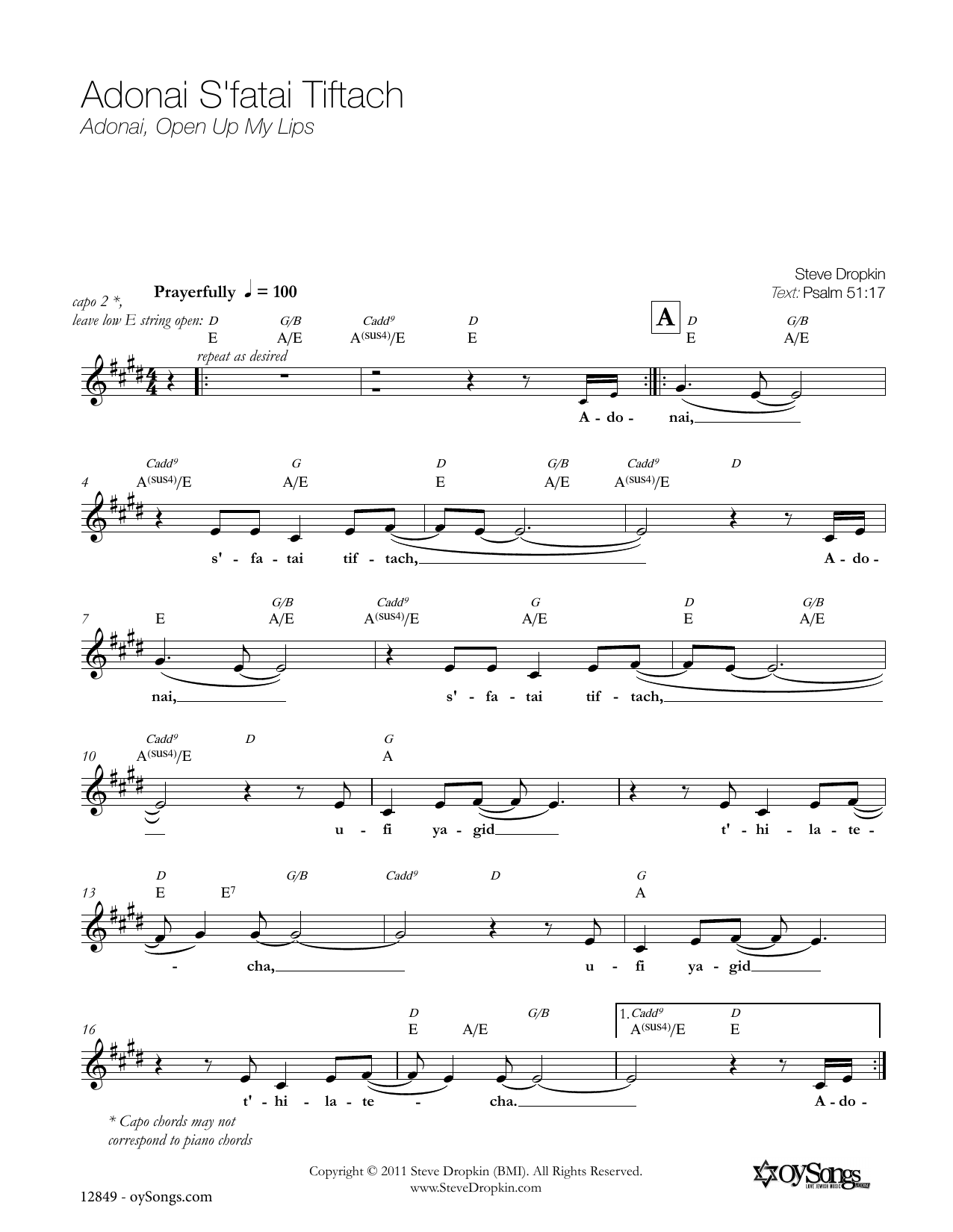 Steve Dropkin Adonai S'fatai Tiftach Sheet Music Notes & Chords for Piano, Vocal & Guitar (Right-Hand Melody) - Download or Print PDF