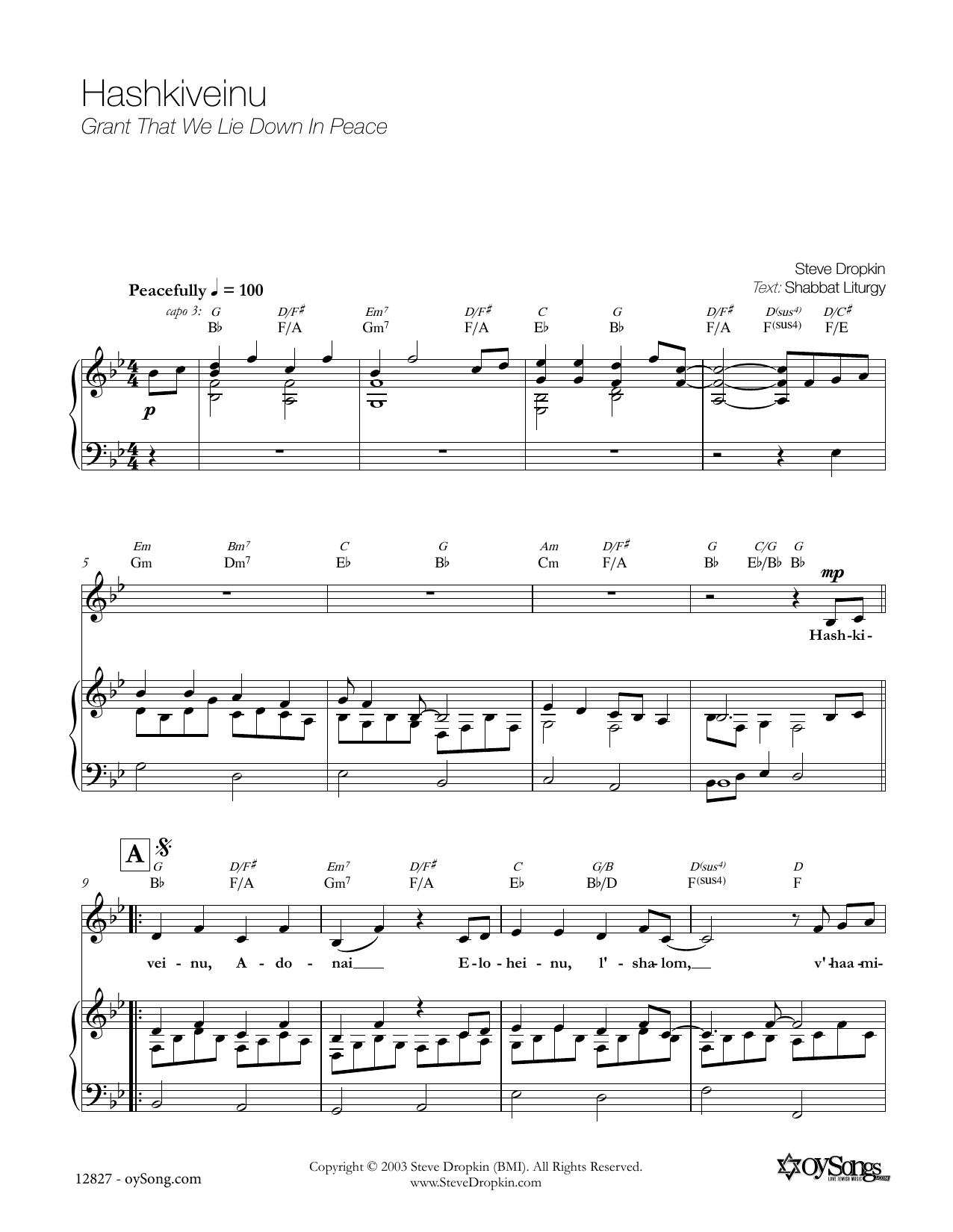 Steve Dropkin Hashkiveinu Sheet Music Notes & Chords for Piano, Vocal & Guitar (Right-Hand Melody) - Download or Print PDF